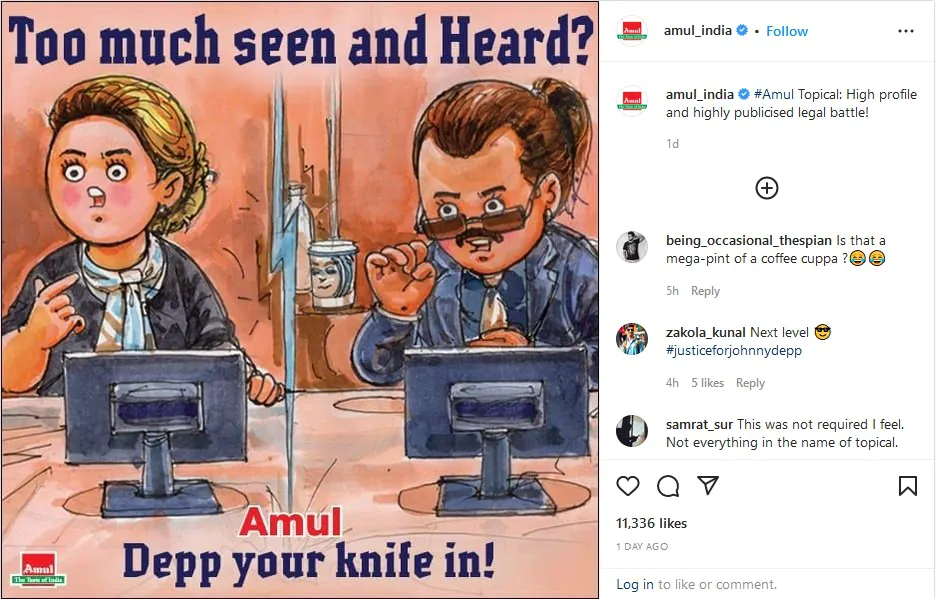 Amul shares doodle on Johnny Depp-Amber Heard legal battle, users' johnny depp amber heard divorce, johnny depp news, amul doodle, amul doodle on johnny depp, johnny depp amber heard, johnny depp amber hear legal battle, johnny depp amber heard divorce, johnny depp news, amul doodle, amul memes