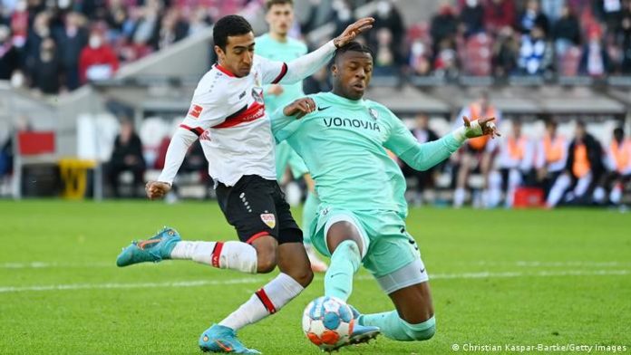 Armel Bella Kotcha from VfL Bochum with a tackle against Stuttgart's Omar Marmoush