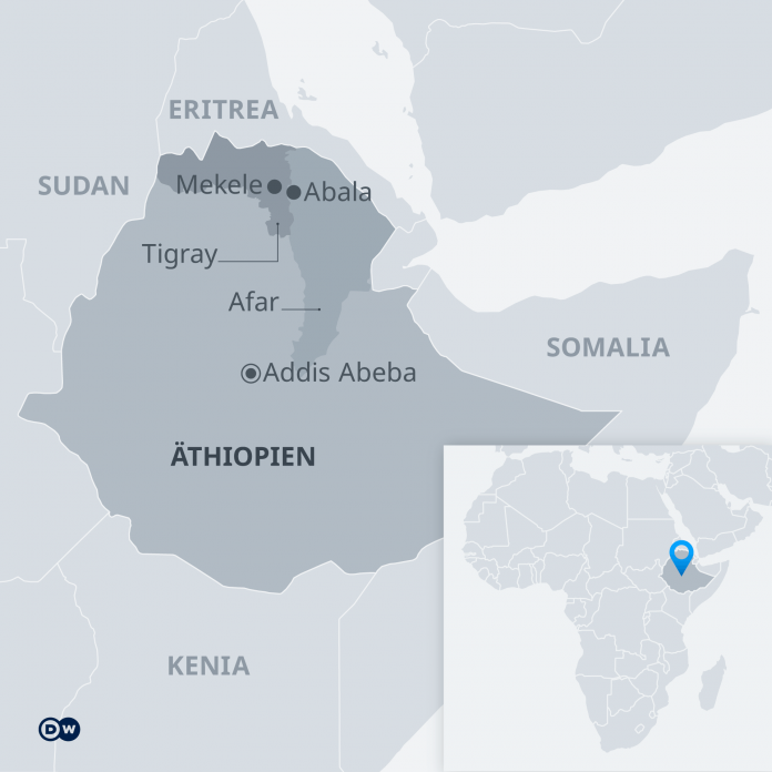 Infographic, Map, Ethiopia, Sudan, Eritrea, Kenya, Somalia, Addis Ababa, Afar, Tigray, Abala, Mekele
