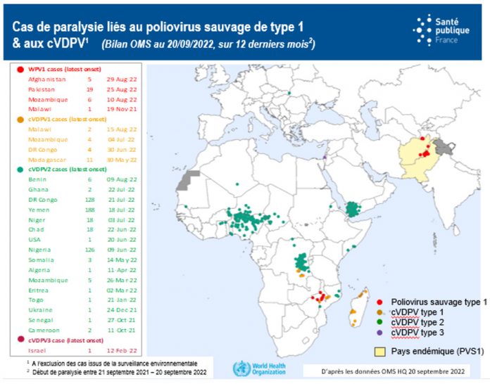 Map representing paralysis cases linked to wild poliovirus type 1 and cVPDV, WHO report as of 09/20/22