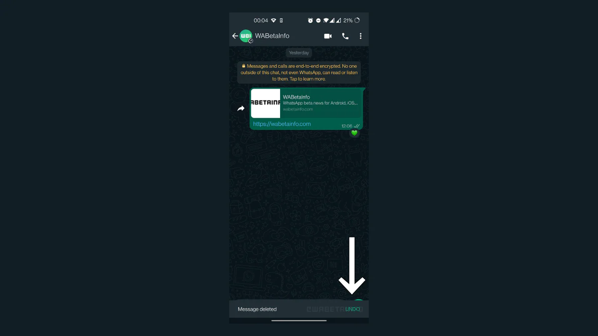 Undo delete feature for messages on WhatsApp latest beta version Undo whatsapp beta message delete wabetaInfo whatsapp_beta_undo_delete_message_wabetaInfo