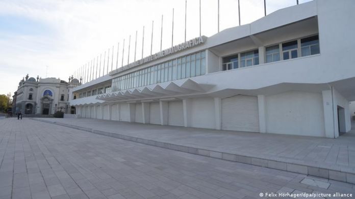 the Palazzo del Cinema, a long white building