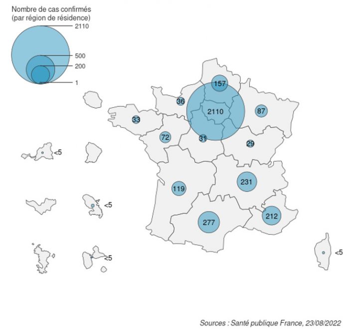 update on August 23, 2022 Figure 1. Laboratory-confirmed monkeypox cases (n=3,402 cases) by region of residence (or by reporting region when region of residence is unknown), France, May-August 2022 (data as of 08/23/2022 – 6:00 p.m.)