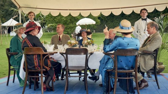 Colin Firth (right), Olivia Colman (left) and the beautiful English crockery from 'Mothering Sunday'.